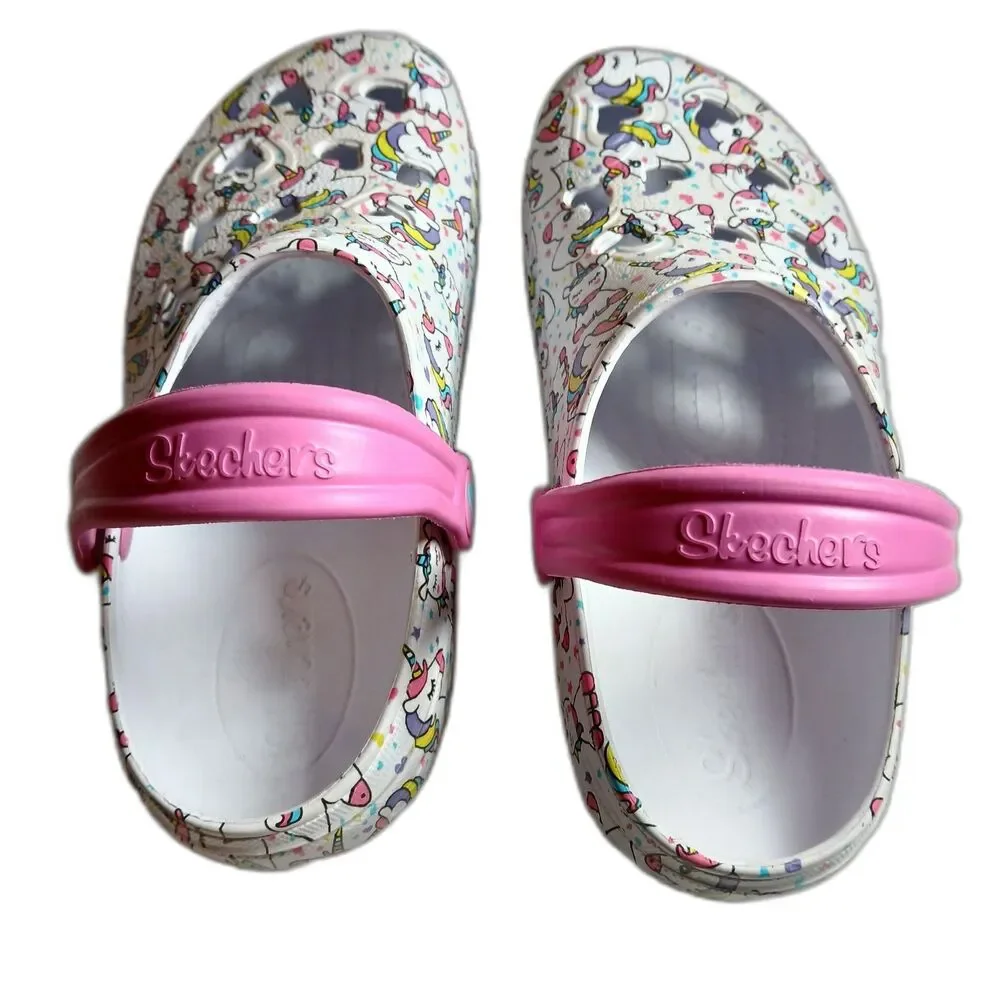 Skechers Foamies Sweetheart Girls Pink White Unicorn Slip On Clog Shoes Size 2